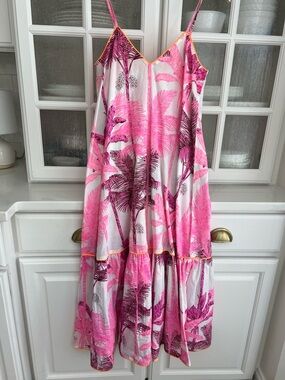 Juliet Dunn Pink Palm-Print Tiered Dress with Neon Trim